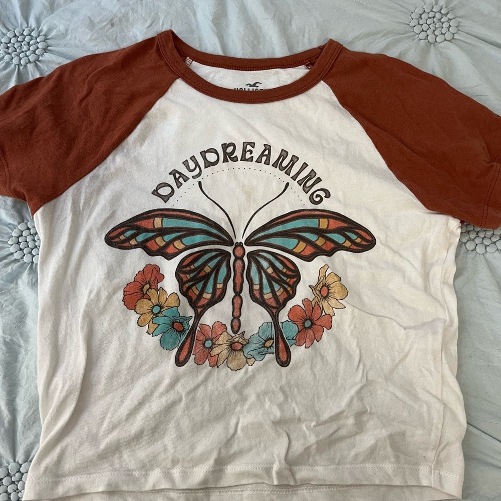 Daydreaming Butterfly Kids Raglan Shirt - Red and White